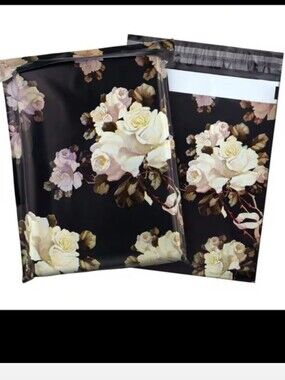 20 Floral Black & Cream Rose Poly Bags 9.8"X -13.1" & 20 Random Thank You Cards